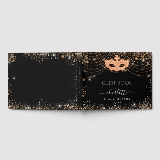Masquerade black gold glitter verjaardag gastenboek (Volledig)