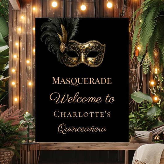 Masquerade black gold Quinceanera welcome Poster