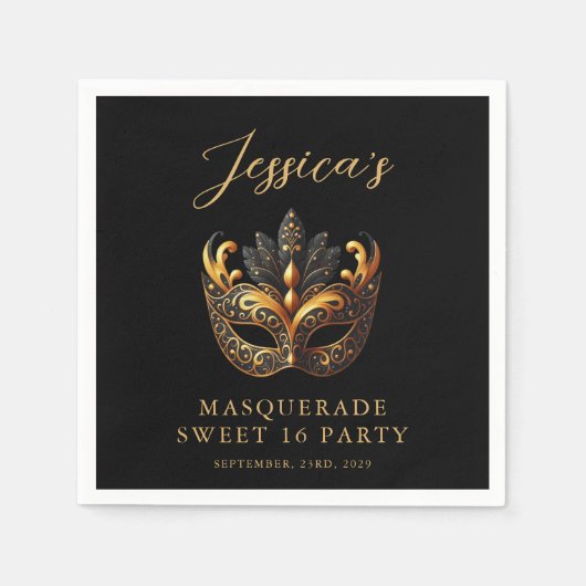 Masquerade Black Gold Sweet 16 Birthday Party Servet (Voorkant)