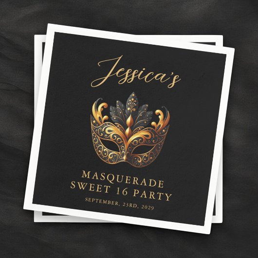 Masquerade Black Gold Sweet 16 Birthday Party Servet