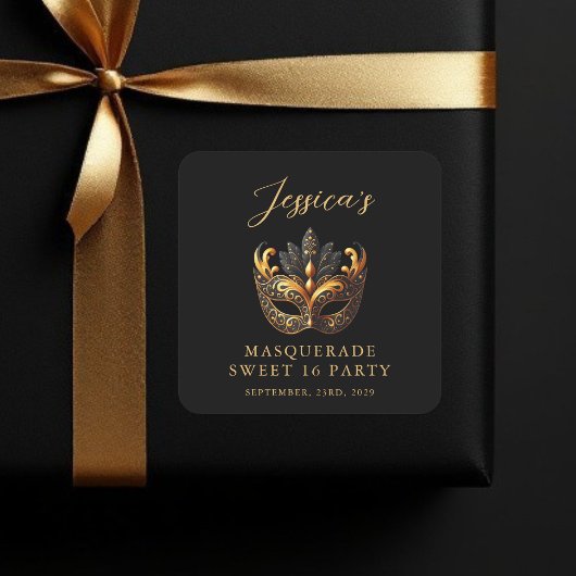 Masquerade Black Gold Sweet 16 Birthday Party Vierkante Sticker