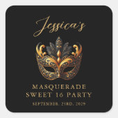 Masquerade Black Gold Sweet 16 Birthday Party Vierkante Sticker (Voorkant)