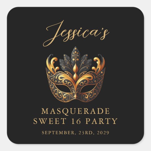 Masquerade Black Gold Sweet 16 Birthday Party Vierkante Sticker (Voorkant)