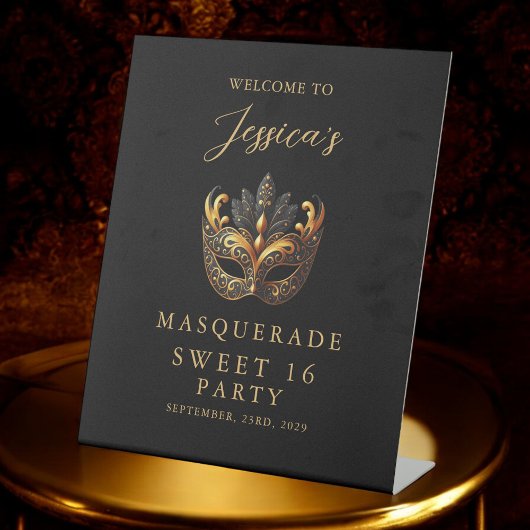 Masquerade Black Gold Sweet 16 Birthday Welcome Reclamebord Met Voetstuk