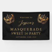 Masquerade Black Gold Sweet 16 Birthday Welcome Spandoek (Horizontaal)