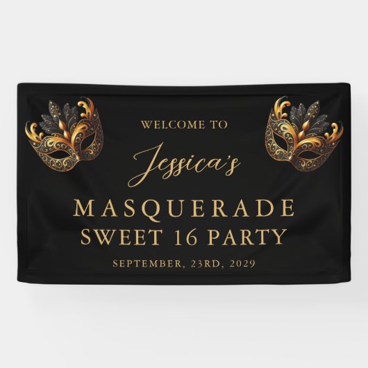 Masquerade Black Gold Sweet 16 Birthday Welcome Spandoek (Horizontaal)