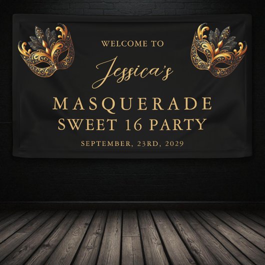Masquerade Black Gold Sweet 16 Birthday Welcome Spandoek