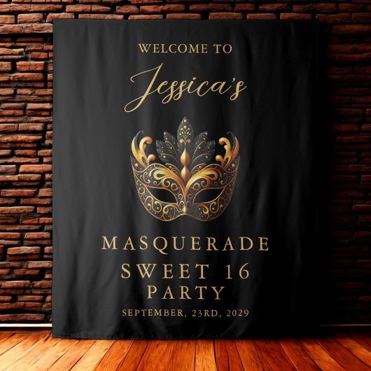 Masquerade Black Gold Sweet 16 Birthday Welcome Wandkleed