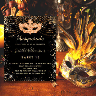 Masquerade black gold Sweet 16 budget uitnodiging Flyer