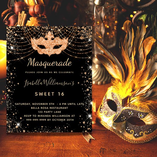 Masquerade black gold Sweet 16 budget uitnodiging Flyer