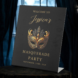 Masquerade Black Gold Verjaardag Welkom Reclamebord Met Voetstuk