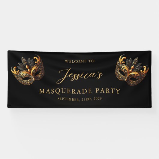 Masquerade Black Gold Verjaardag Welkom Spandoek (Horizontaal)