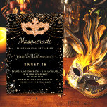 Masquerade black goudglitterstof Sweet 16 Kaart<br><div class="desc">Voor een elegante Masquerade,  16,  16 jaar oud. Een stijlvolle zwarte achtergrond. Gedemoreerd met faux goud glitter stof en een maskerade masker. Geef een persoonlijke naam,  leeftijd en partijgegevens op en voeg deze toe. De naam wordt geschreven met een handgeschreven stijlmanuscript</div>