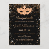 Masquerade black goudglitterstof Sweet 16 Uitnodiging Briefkaart (Voorkant)