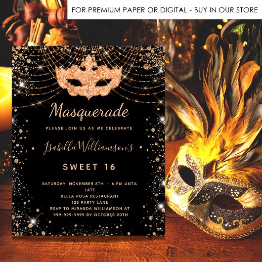 Masquerade black goudglitterstof Sweet 16 Uitnodiging Briefkaart