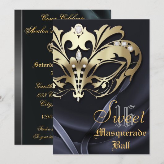 Masquerade Black Jeweled Sweet 16 Uitnodiging (Voorkant / Achterkant)