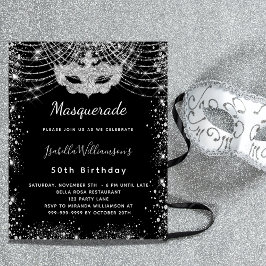 Masquerade Black Silver-budget verjaardagsuitnodig Flyer