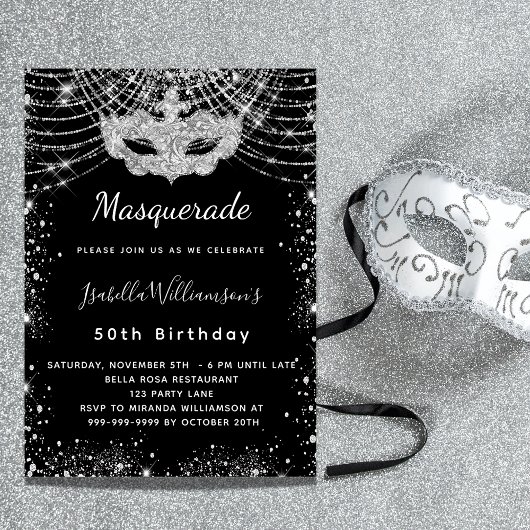 Masquerade Black Silver luxe verjaardagsfeestje Kaart