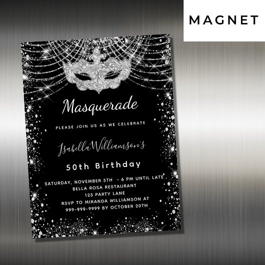 Masquerade Black Silver luxe verjaardagsfeestje Magnetische Uitnodiging
