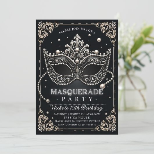 Masquerade Black White verjaardagsuitnodiging Kaart (Staand voorkant)