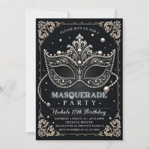 Masquerade Black White verjaardagsuitnodiging Kaart