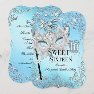 Masquerade Blauw Zilver Sweet 16 Verjaardag Kaart