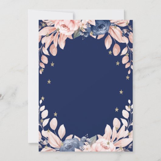 Masquerade, Blauwe Bloemen, Gouden Sterren RSVP Kaart (Achterkant)