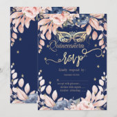 Masquerade, Blauwe Bloemen, Gouden Sterren RSVP Kaart (Voorkant / Achterkant)
