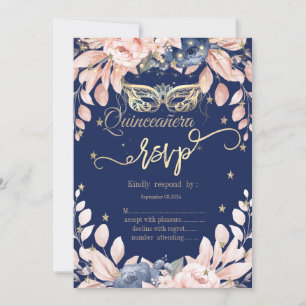 Masquerade, Blauwe Bloemen, Gouden Sterren RSVP Kaart