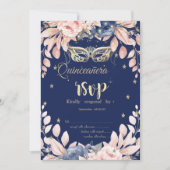 Masquerade, Blauwe Bloemen Sterren RSVP Kaart (Voorkant)