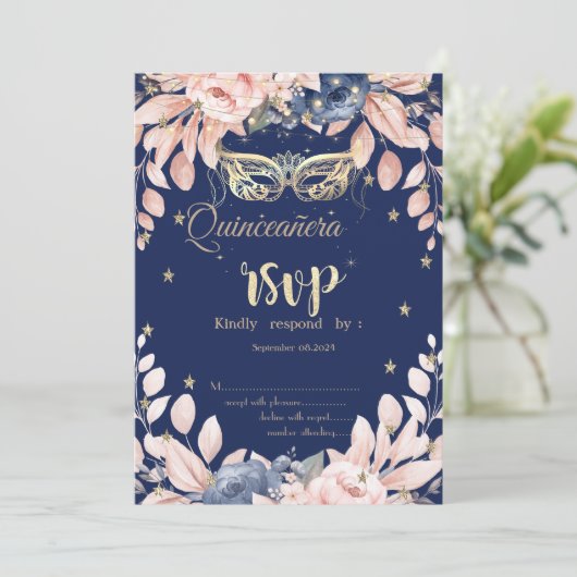 Masquerade, Blauwe Bloemen Sterren RSVP Kaart (Staand voorkant)