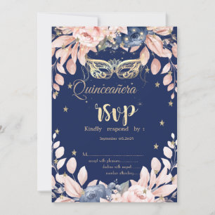Masquerade, Blauwe Bloemen Sterren RSVP Kaart
