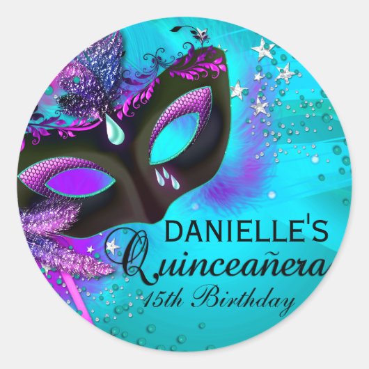 Masquerade Blauwgroen & Paarse Quinceanera Sticker (Voorkant)