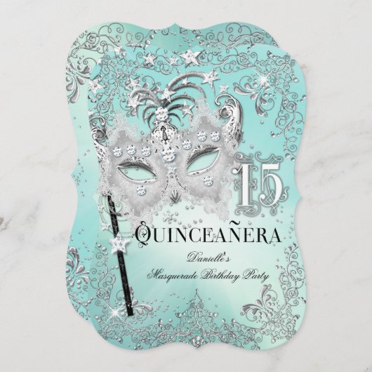 Masquerade Blauwgroen Silver Quinceanera Birthday  Kaart (Voorkant / Achterkant)