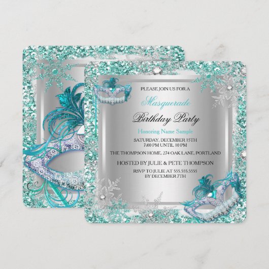 Masquerade Blauwgroen Silver Snowflakes Maskerpart Kaart (Voorkant / Achterkant)