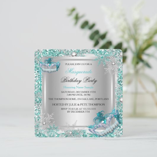 Masquerade Blauwgroen Silver Snowflakes Maskerpart Kaart (Staand voorkant)