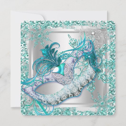 Masquerade Blauwgroen Silver Snowflakes Maskerpart Kaart (Achterkant)