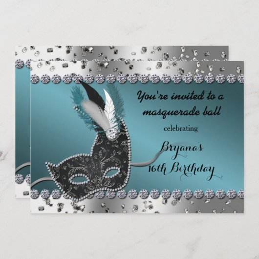 Masquerade blauwgroen Zilveren Verjaardagsfeestuit Kaart (Voorkant / Achterkant)