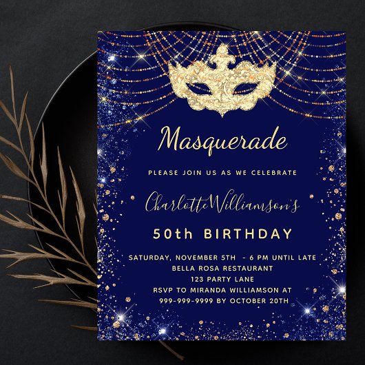 Masquerade blue Gold verjaardagsdagsuitnodiging Flyer