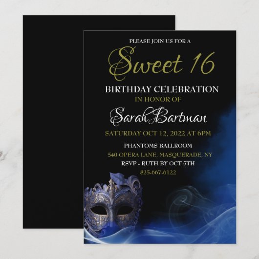 Masquerade Blue Sweet 16 Uitnodiging (Voorkant / Achterkant)