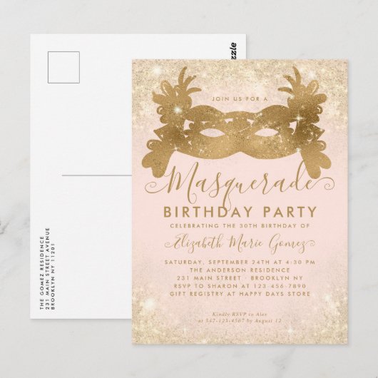 Masquerade Blush Roze Gouden Glitter Verjaardagsfe Briefkaart (Voorkant / Achterkant)