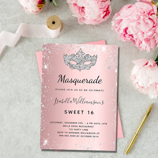 Masquerade blush roze Silver Sweet 16 Kaart