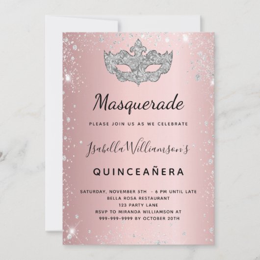 Masquerade blush roze zilver Quinceanera Kaart (Voorkant)
