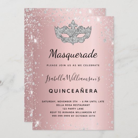 Masquerade blush roze zilver Quinceanera Kaart (Voorkant / Achterkant)