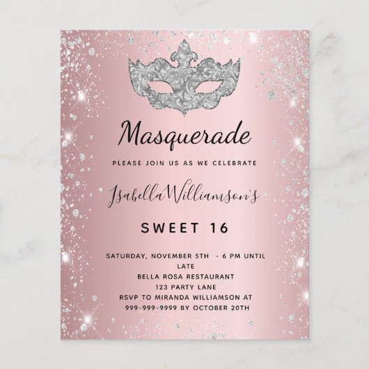 Masquerade blush roze zilver Sweet 16 uitnodiging (Voorkant)