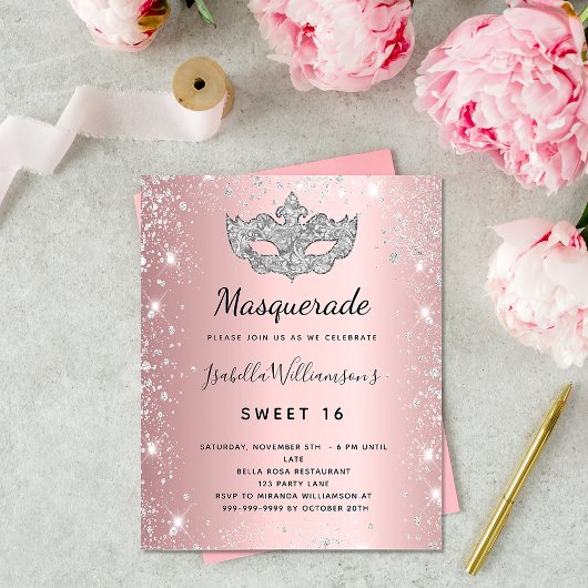 Masquerade blush roze zilver Sweet 16 uitnodiging