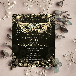Masquerade Bokeh Dark Quinceañera Uitnodiging Briefkaart