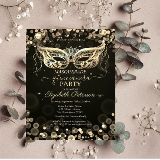 Masquerade Bokeh Dark Quinceañera Uitnodiging Briefkaart
