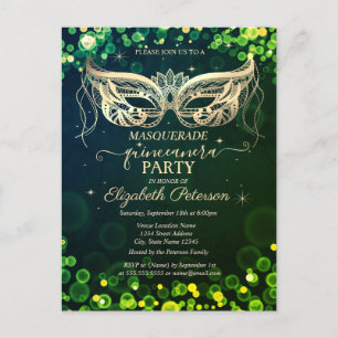 Masquerade Bokeh Groene Stippen Quinceañera Uitnodiging Briefkaart