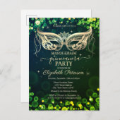 Masquerade Bokeh Groene Stippen Quinceañera Uitnodiging Briefkaart (Voorkant / Achterkant)